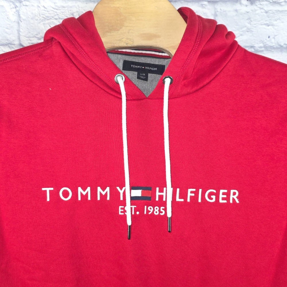 Tommy Hilfiger Mens Red 1985 Logo Hoodie Pullover Long Sleeve Sweatshirt Large